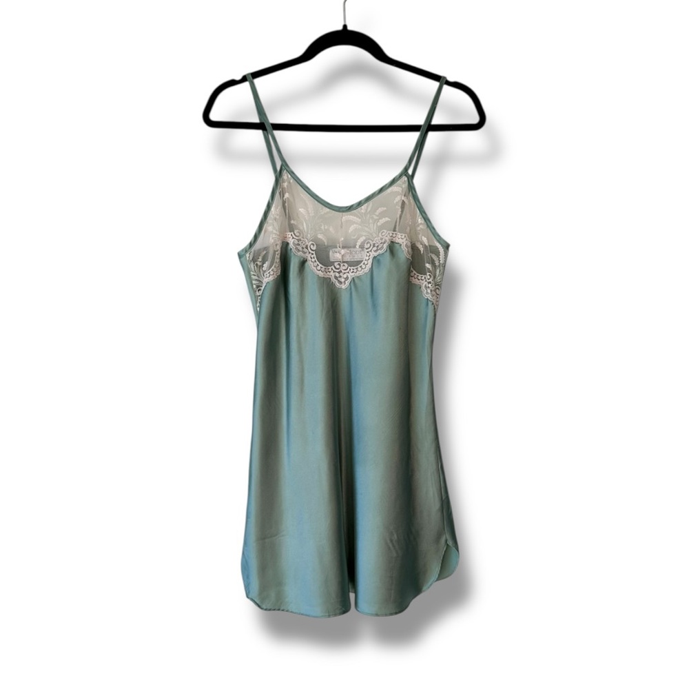 Val Mode Vintage 80s Embroidered Lace Green Bias Cut Satin Mini Slip Dress Small
